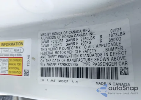 2024 Honda Civic Ex из США, поврежденный, VIN 2HGFE1F72RH327595